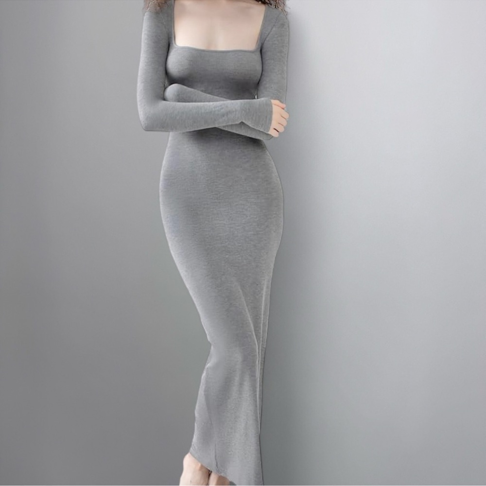 PUMIEY Women's Square Neck Long Sleeve Maxi Dress Ribbed Bodycon Dress